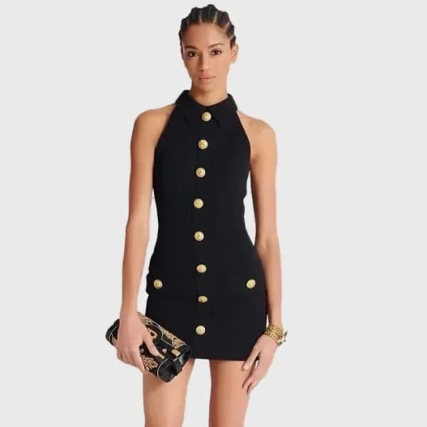 발망 여성 홀터넥 버튼 미니 드레스 - Balmain Womens Halterneck Bu… 이미지 1/15